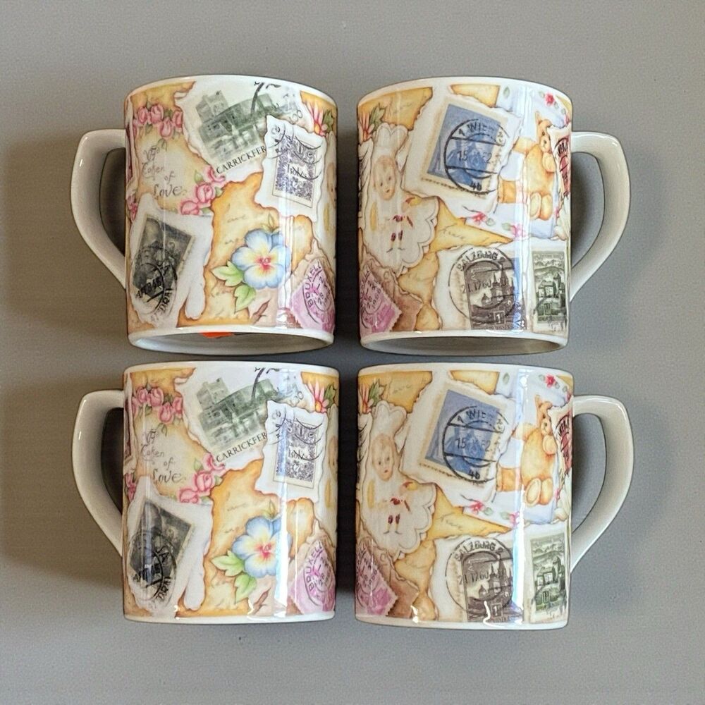 Set Of 4 Royal Doulton Expressions Stamps Designed by Jane Jones Fine China Mugs